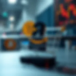 Abstract representation of cryptocurrency symbols and Amazon logo merging