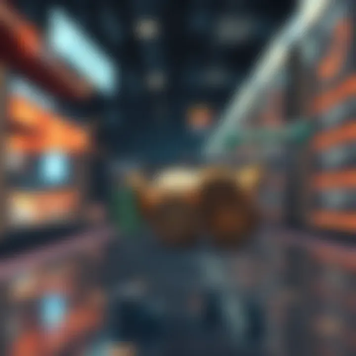 Digital Currency in E-Commerce A futuristic shopping cart filled with digital coins