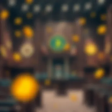 Legal Challenges in Cryptocurrency Illustration of a courtroom with cryptocurrency symbols